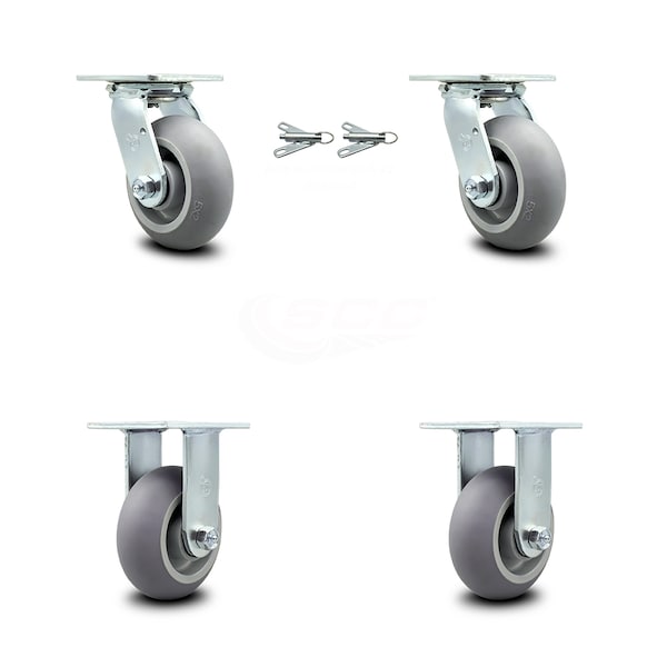 5 Inch Thermoplastic Rubber Caster Set with Ball Bearings 2 Swivel Lock 2 Rigid